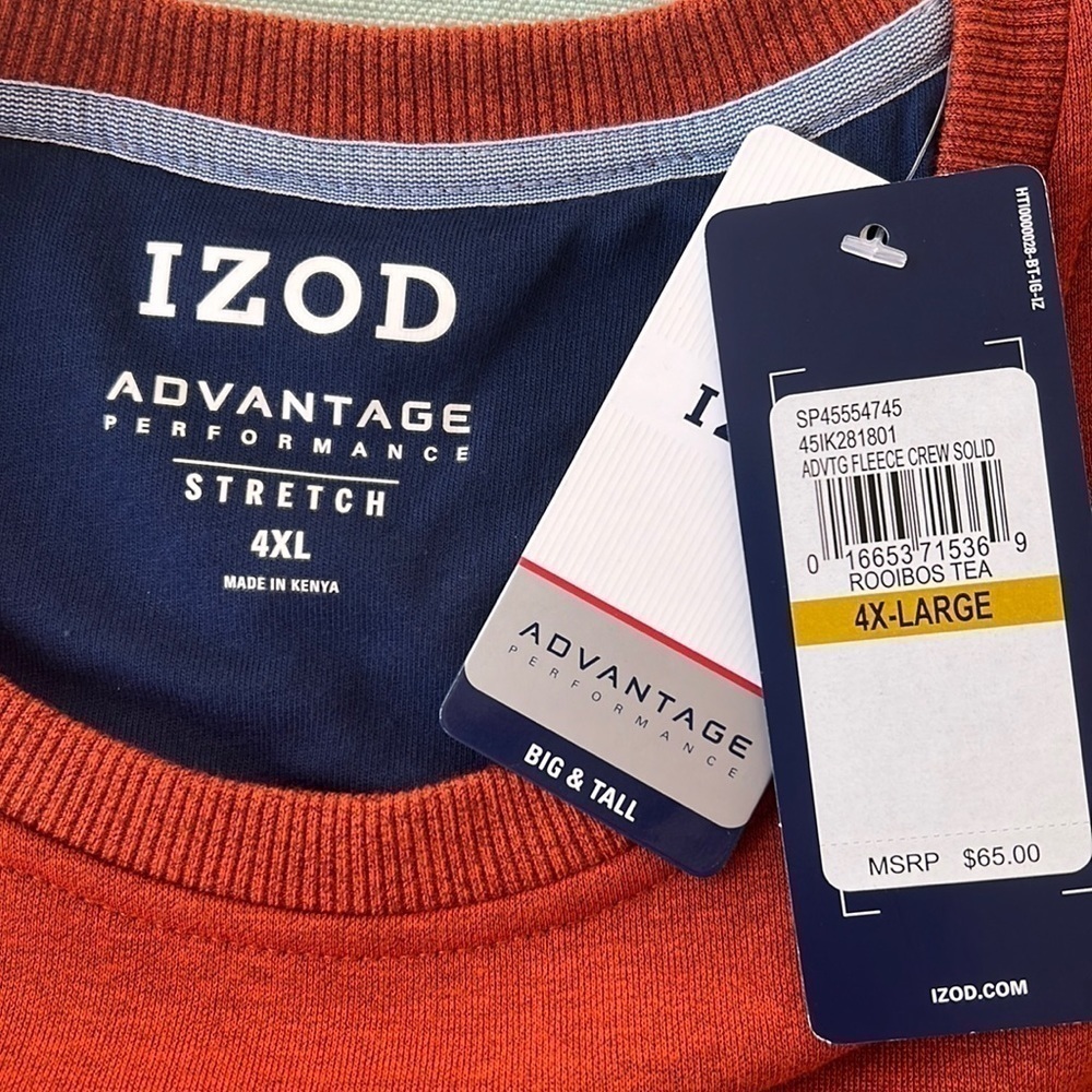 Izod Advantage Performance Stretch Crewneck Sweatshirt Burnt Orange 4XL NWT - Picture 4 of 10